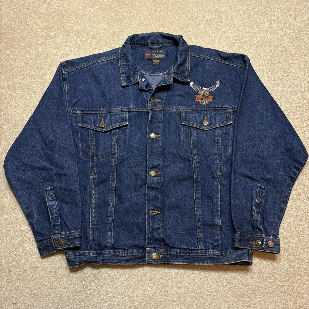 Vtg Harley Davidson Patch Denim Trucker Jacket Mens Large Dark Blue Eagle Biker